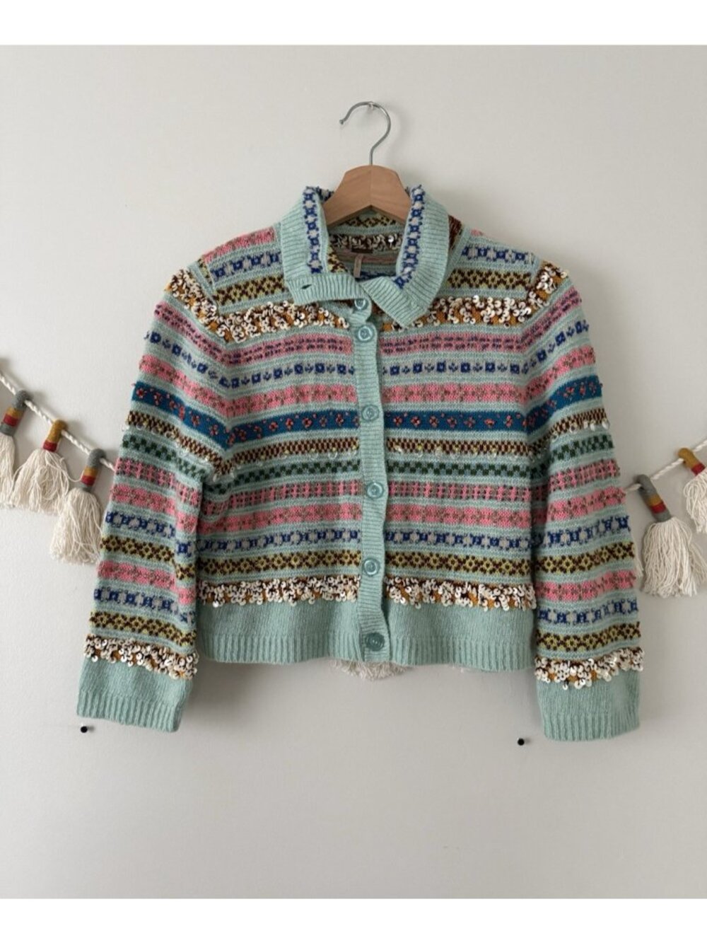 RARE Free People Beaded Fair Isle Multicolor Crop Cardigan Cottage Artsy Y2k L